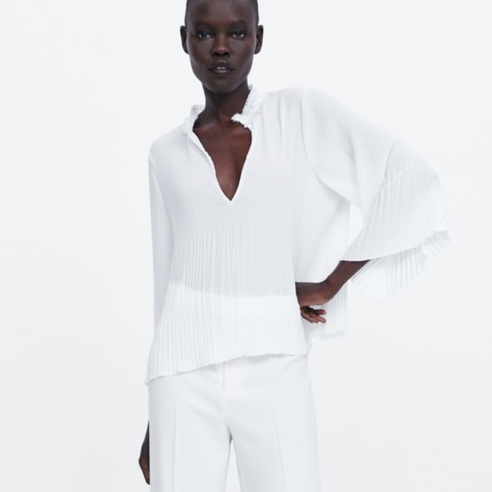 Zara White Plisse Blouse